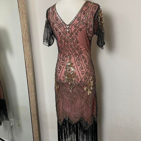 Beaded Pink Black Flapper Dress Fringe Vintage Gold Sequins Bias Cut Size M - Picture 3 of 8